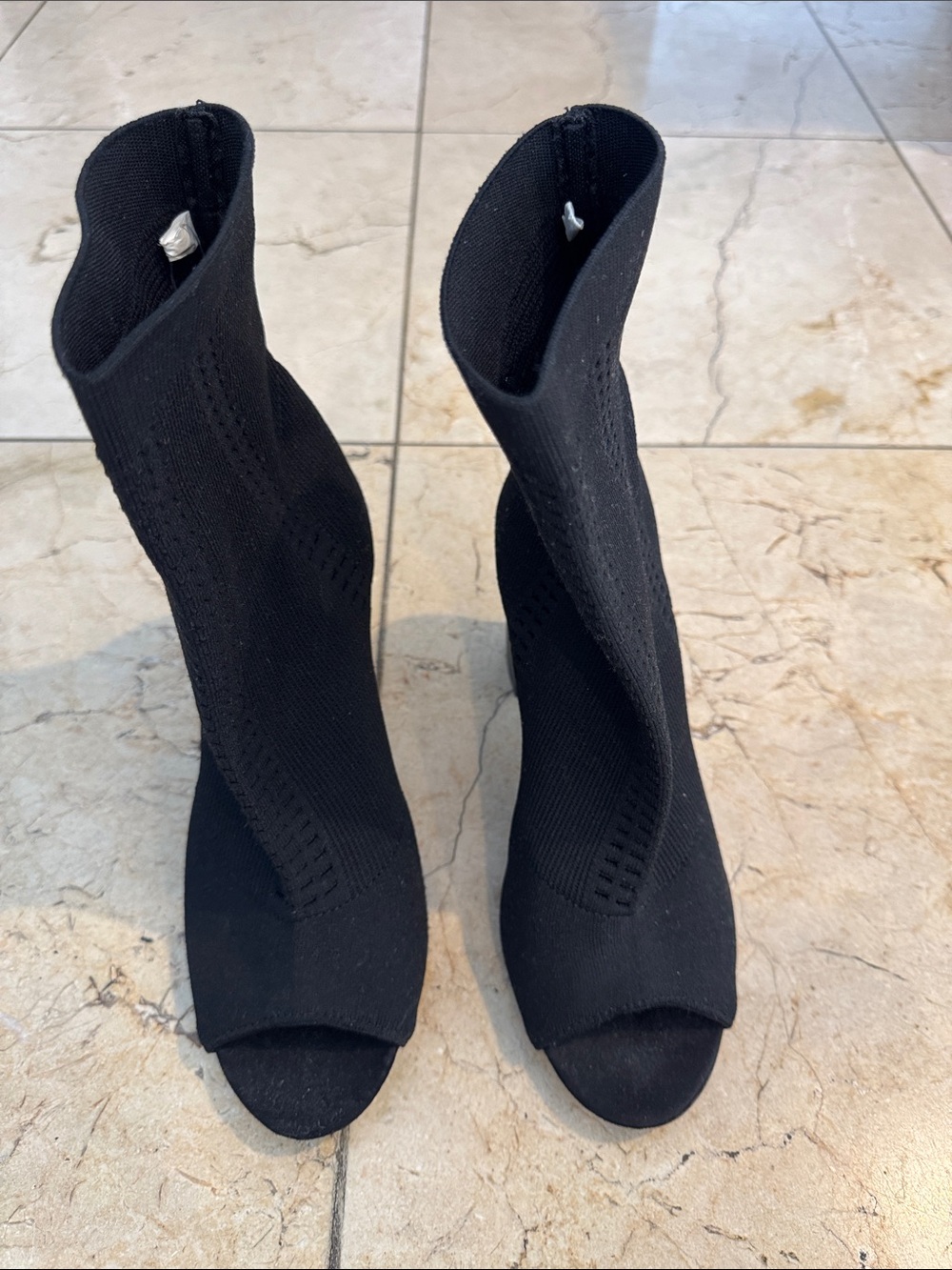 Black Stretch-Knit Peep Toe Sock Heels